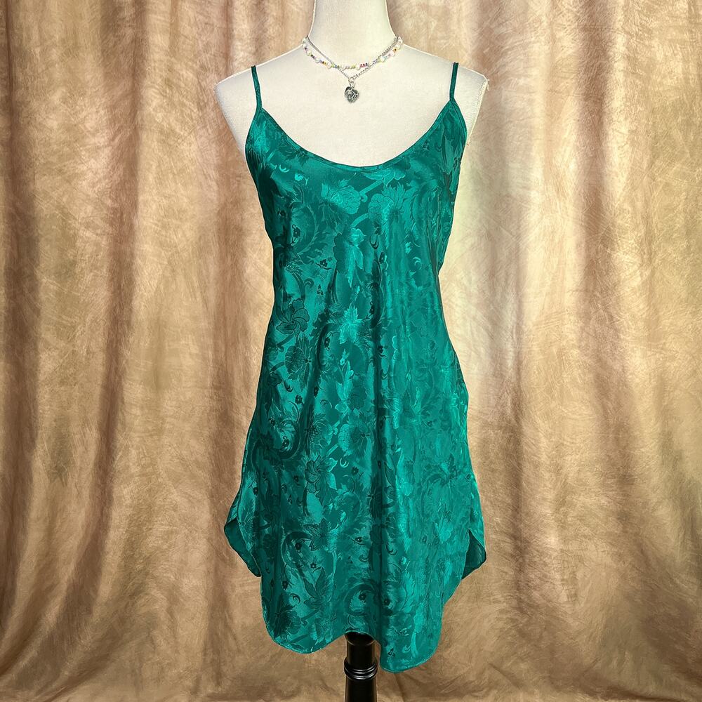 Vintage Slip Dress Statin Mini Green Floral Paisley Open Back Lingerie Romantic